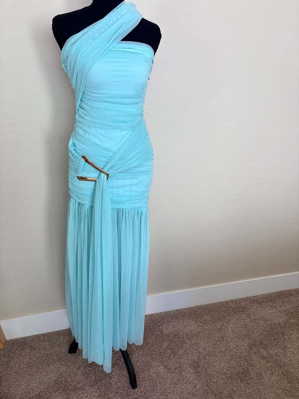 Elegant Women One Shoulder Ruched Mesh Maxi Dress (55)